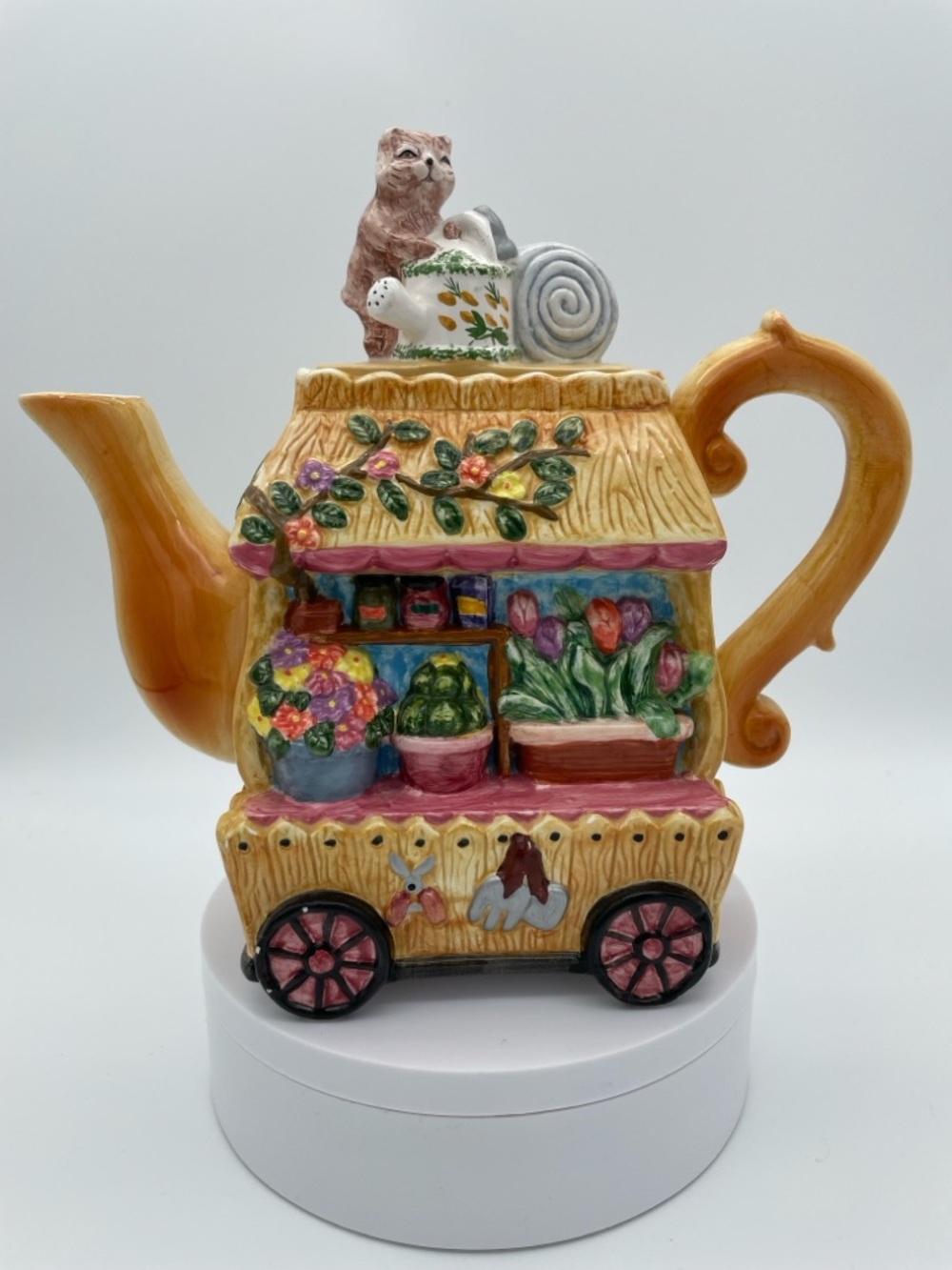 Vintage Cat Garden Cart Teapot Ceramic Whimsical Cottagecore Floral